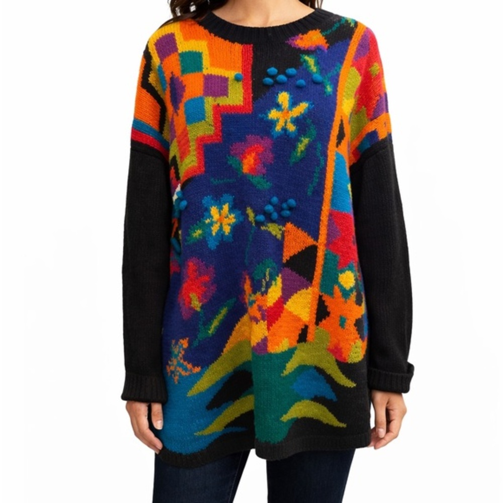 Vintage Mixit Sweater Medium Black Multicolor Abstract Pom Pom Ramie Cotton 90’s